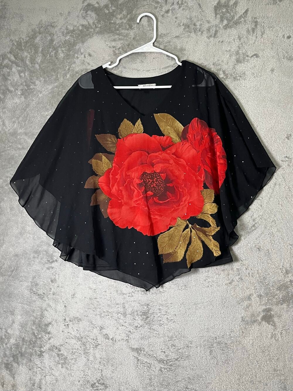 Vintage Dark Romantic Black Sheer Red Rose Rhinestone Gothic Glam Blouse Medium